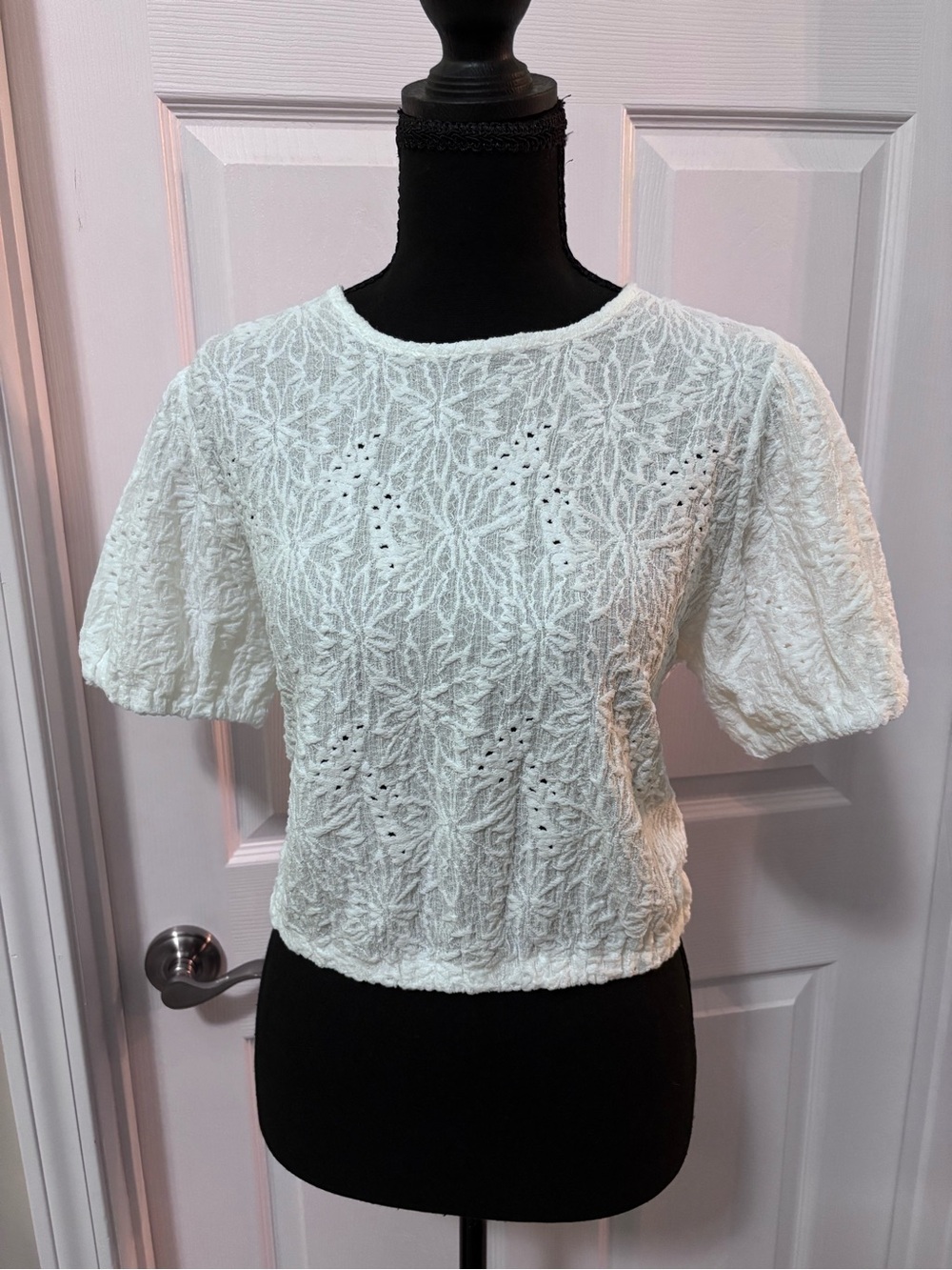 Michael Kors White Eyelet Short Puff Sleeve Knit Top